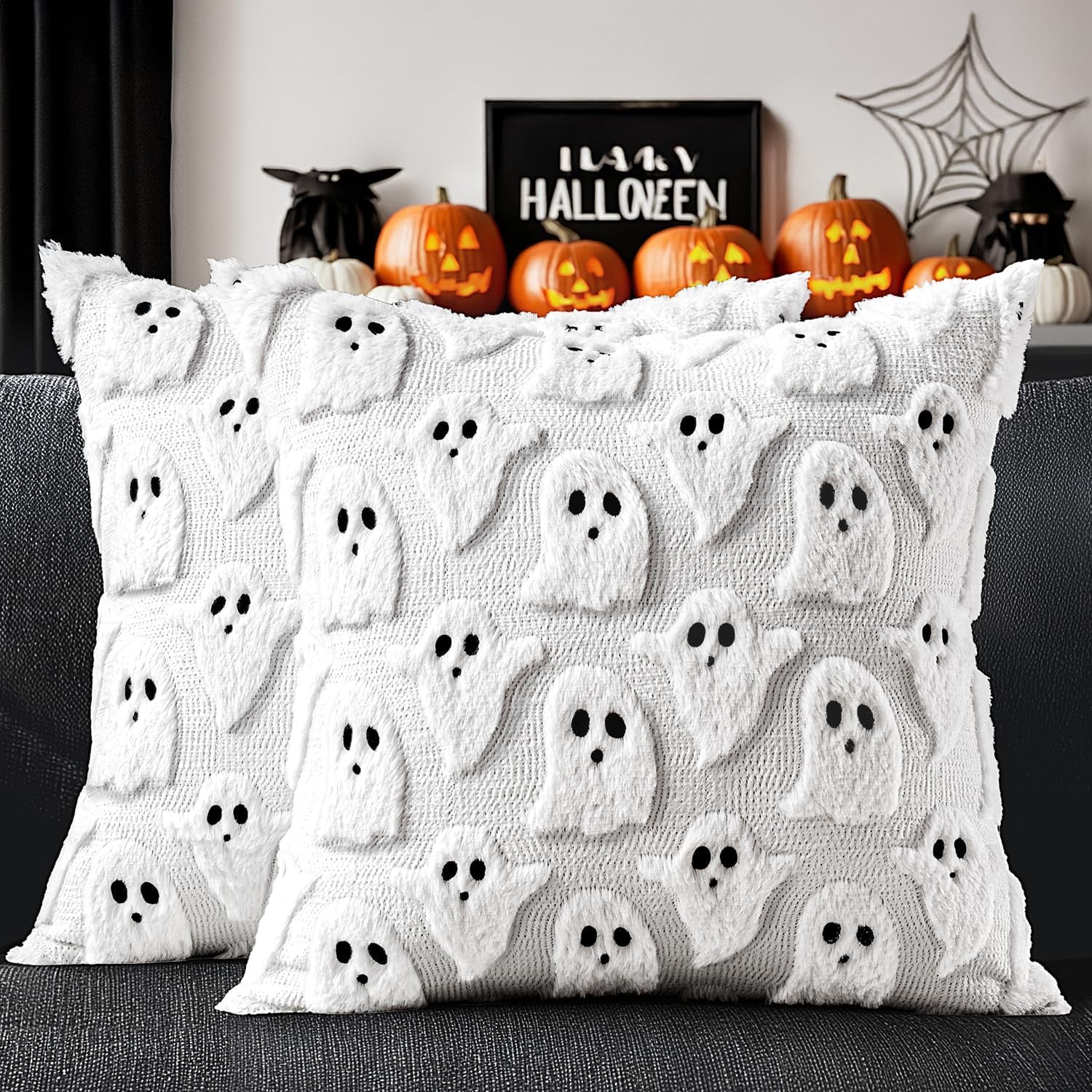Transform Your Space with Adorable Ghost Throw Pillow Covers - Spooky Season Style for Sofa, Couch, and Bed - Set of 2 Plush 18X18 Inch White Cushions