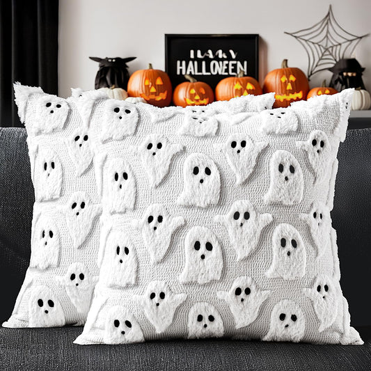 Transform Your Space with Adorable Ghost Throw Pillow Covers - Spooky Season Style for Sofa, Couch, and Bed - Set of 2 Plush 18X18 Inch White Cushions