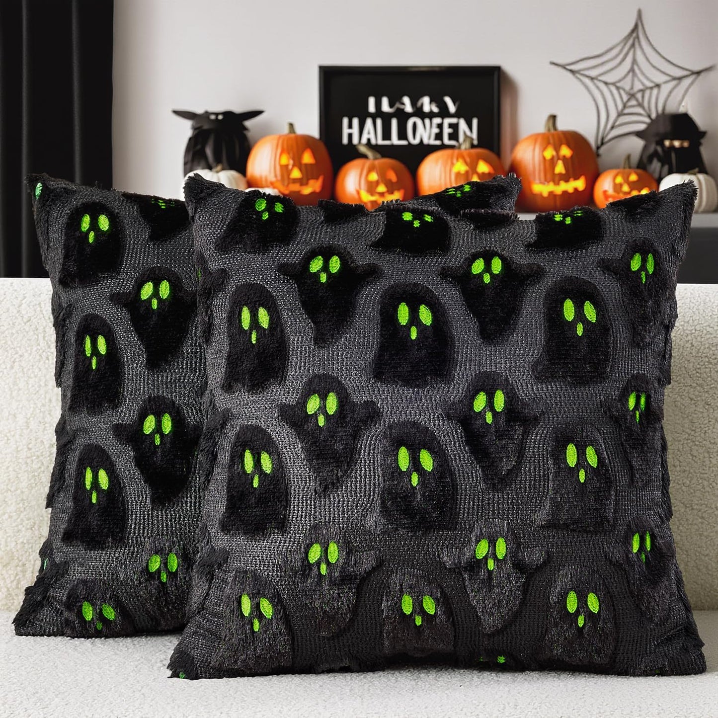 Transform Your Space with Adorable Ghost Throw Pillow Covers - Spooky Season Style for Sofa, Couch, and Bed - Set of 2 Plush 18X18 Inch White Cushions