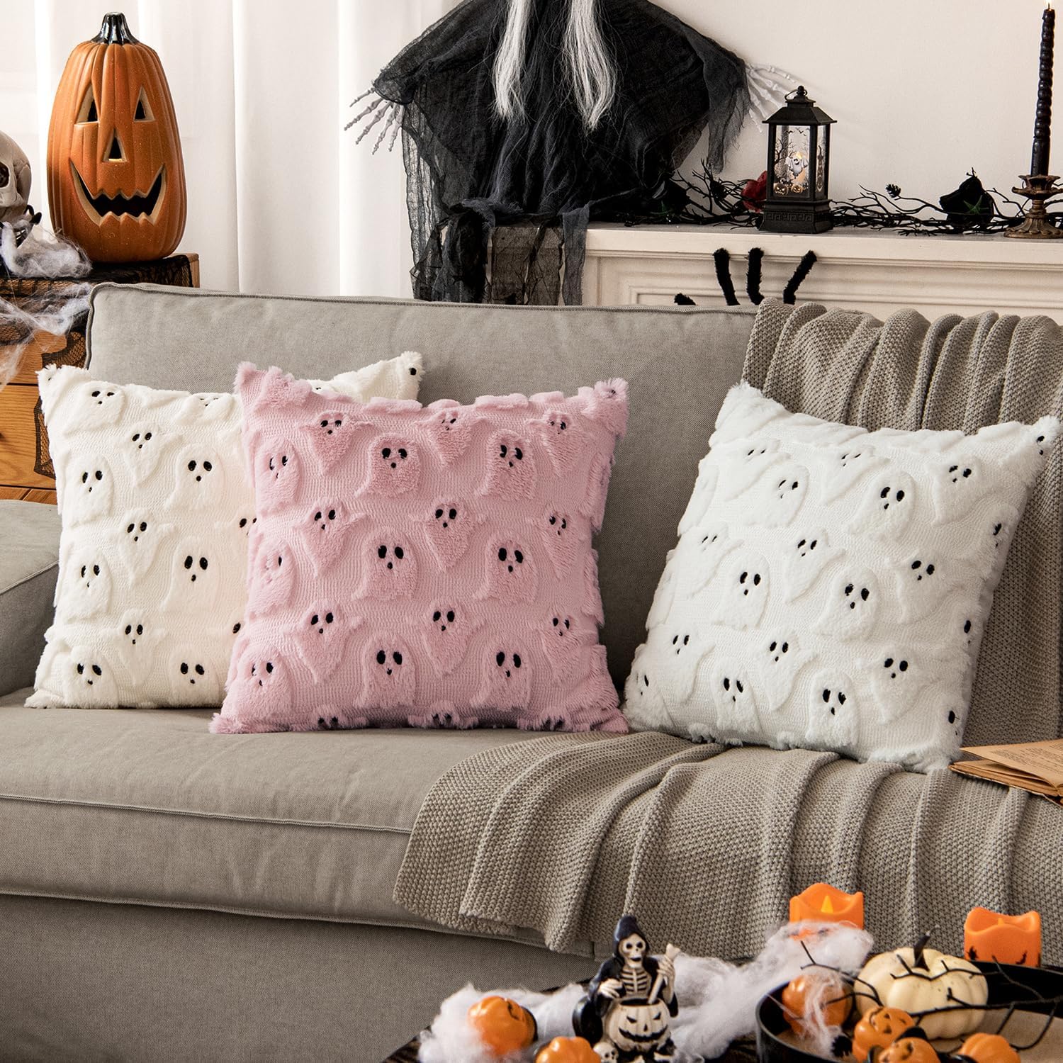 Transform Your Space with MIULEE's Adorable Ghost Throw Pillow Covers - Spooky Season Style for Sofa, Couch, and Bed - Set of 2 Plush 18X18 Inch White Cushions