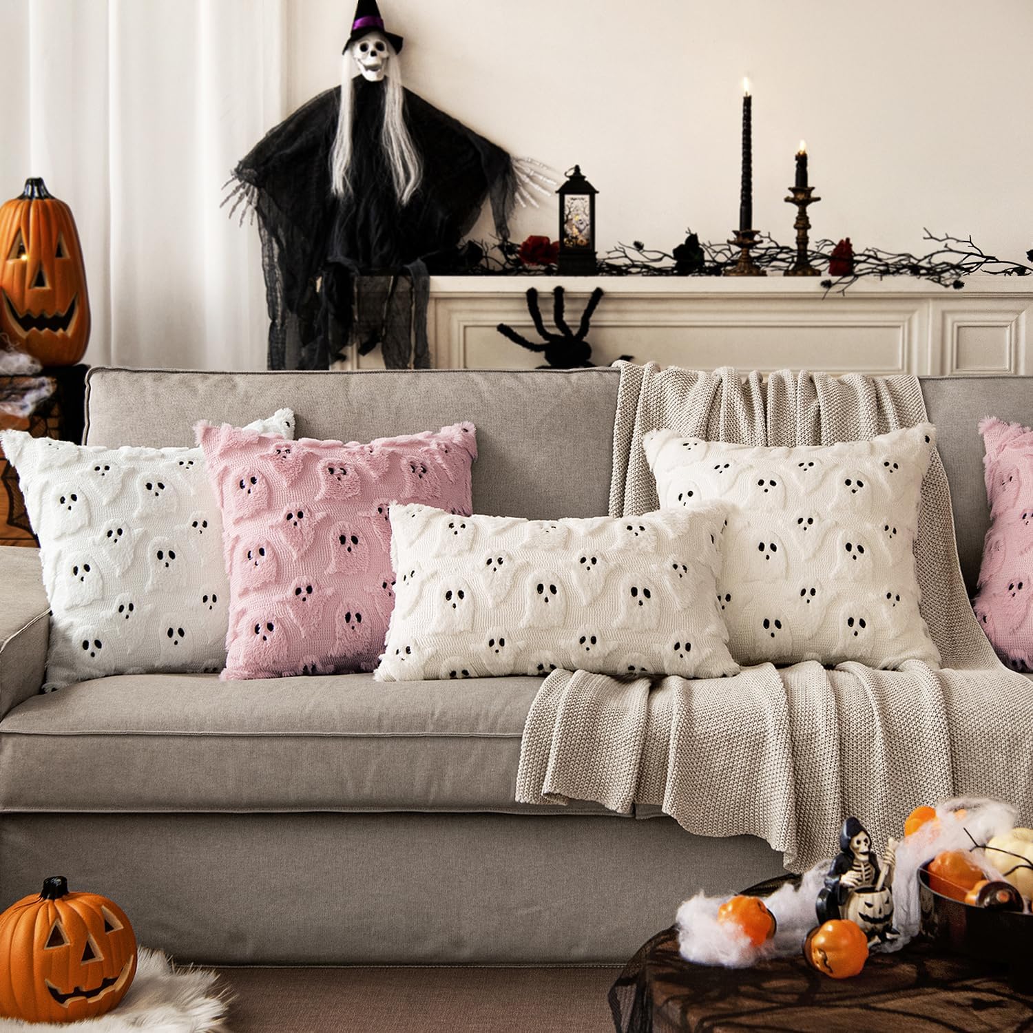 Transform Your Space with MIULEE's Adorable Ghost Throw Pillow Covers - Spooky Season Style for Sofa, Couch, and Bed - Set of 2 Plush 18X18 Inch White Cushions