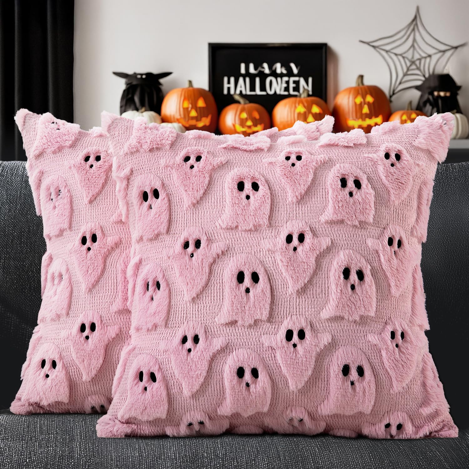 Transform Your Space with Adorable Ghost Throw Pillow Covers - Spooky Season Style for Sofa, Couch, and Bed - Set of 2 Plush 18X18 Inch White Cushions
