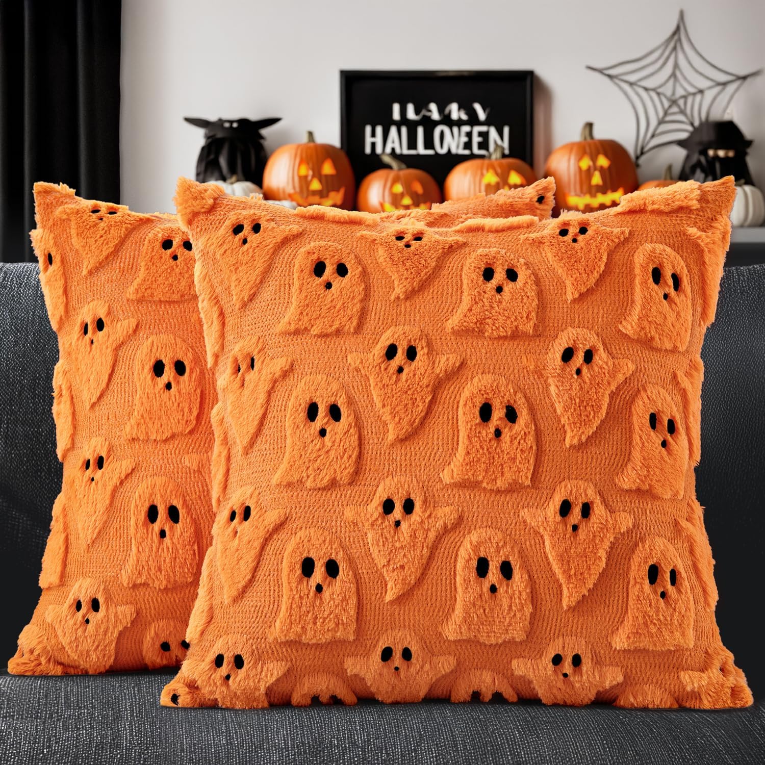 Transform Your Space with Adorable Ghost Throw Pillow Covers - Spooky Season Style for Sofa, Couch, and Bed - Set of 2 Plush 18X18 Inch White Cushions
